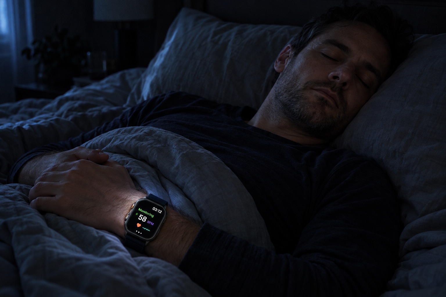 Man sleeping peacefully at night while his Apple Watch shows SleepSafe monitoring his heart rate