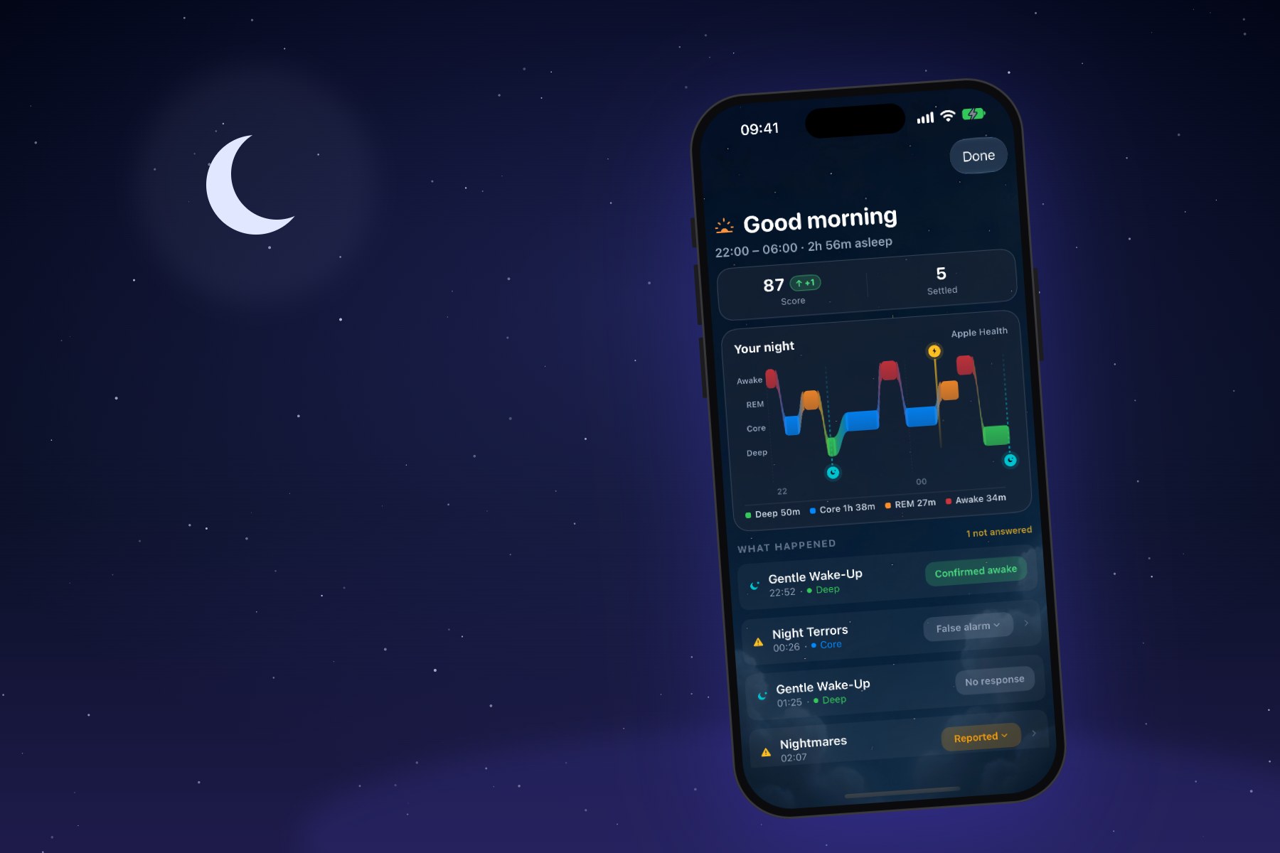 The SleepSafe morning report on an iPhone, under a quiet night sky with a crescent moon.