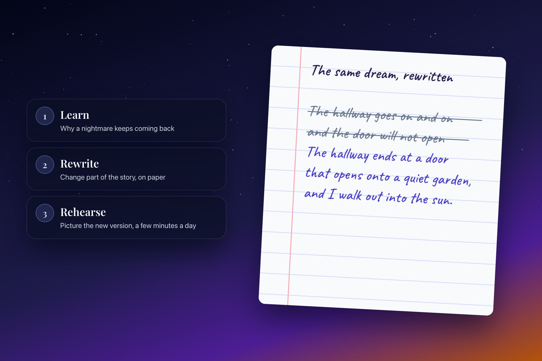The three steps of imagery rehearsal therapy, learn, rewrite and rehearse, beside a notebook page where a recurring dream has been rewritten.