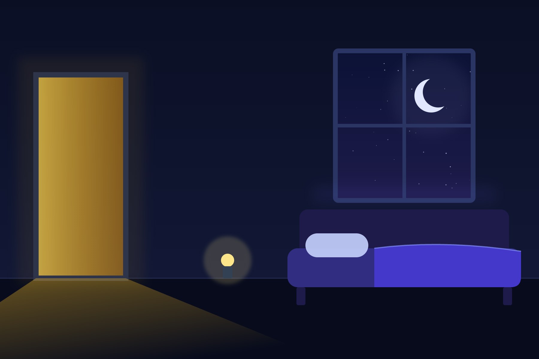 Illustration of a child's bedroom at night, lit by a moonlit window and warm light from an open door.