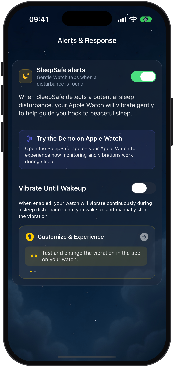 The SleepSafe Alerts and Response settings: SleepSafe alerts switched on for gentle Watch taps, a prompt to try the demo on Apple Watch, and a Vibrate Until Wakeup switch.
