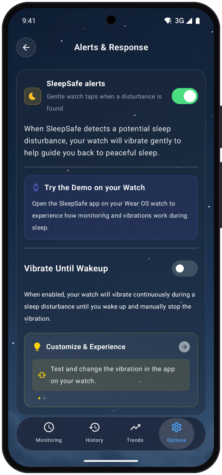 The SleepSafe Alerts and Response screen on an Android phone: SleepSafe alerts switched on with gentle watch taps when a disturbance is found, a prompt to try the demo on your Wear OS watch, and the Vibrate Until Wakeup setting.