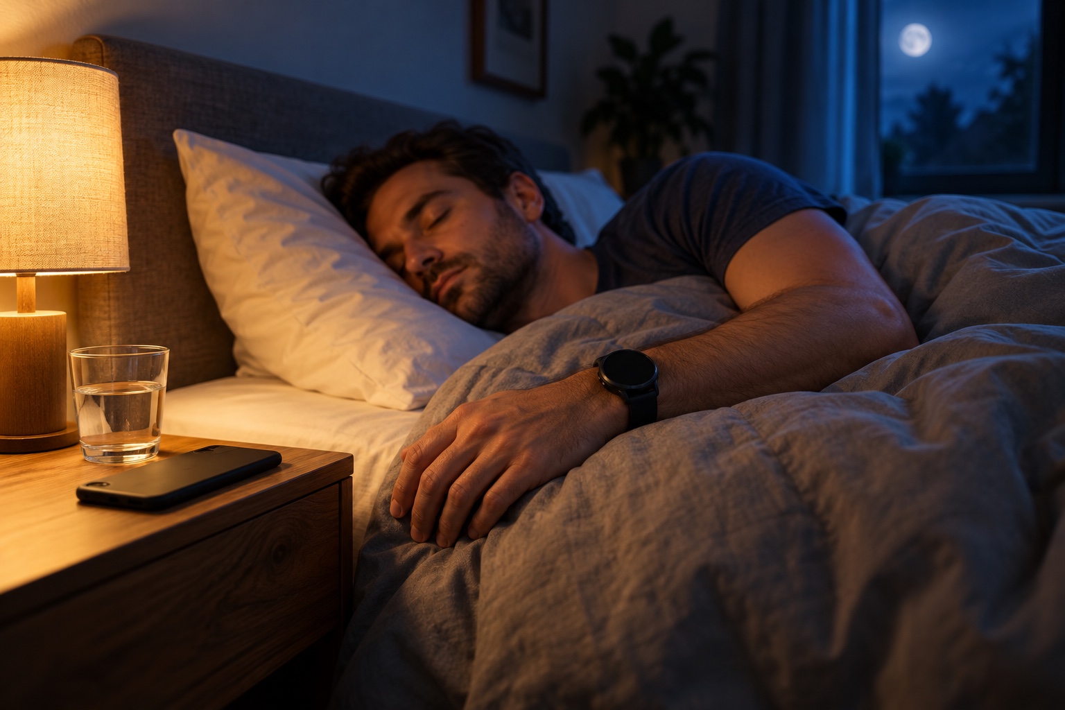 A man asleep in bed at night, a round smartwatch on his wrist and his phone face down on the nightstand by a warm lamp.