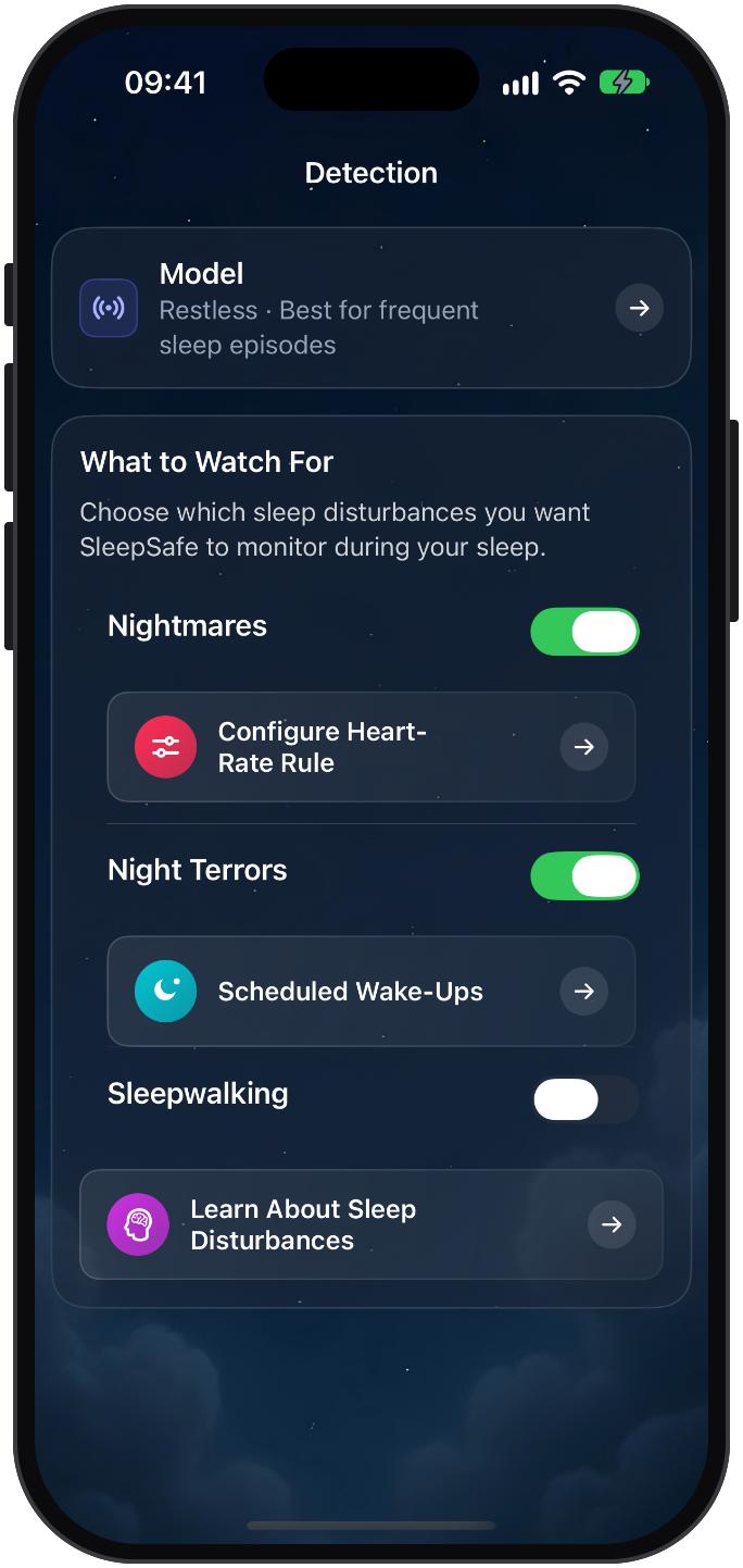 The SleepSafe Detection settings: a model choice, then switches for what to watch for, with Nightmares and Night Terrors turned on, Sleepwalking turned off, and links to configure a heart-rate rule and scheduled wake-ups.