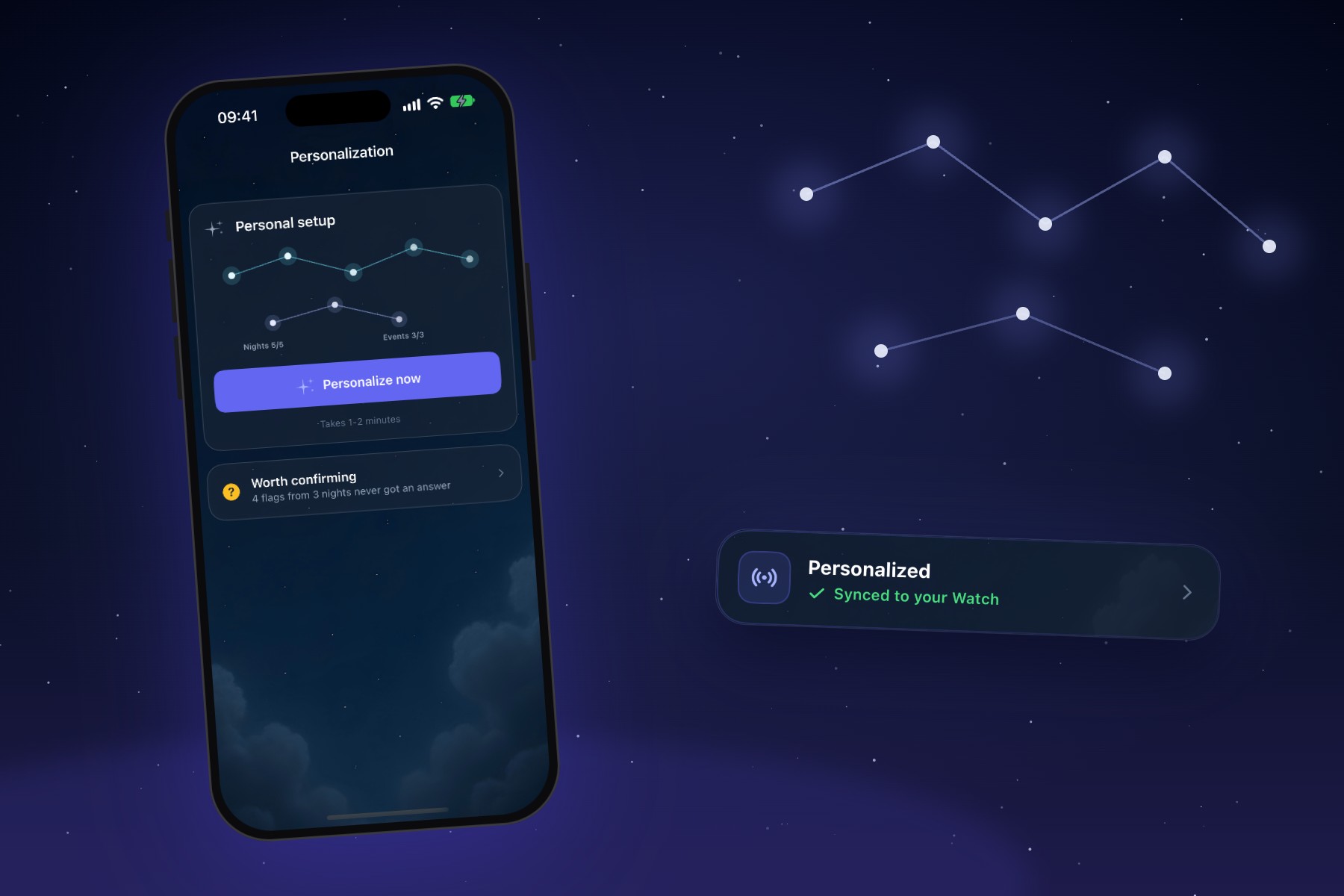 An iPhone showing SleepSafe's Personal setup screen, beside a Personalized card synced to the Apple Watch, under a starry sky.