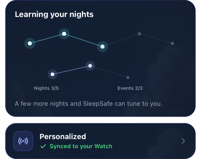Two SleepSafe cards: Learning your nights, showing progress of 3 of 5 nights and 2 of 3 events with the message A few more nights and SleepSafe can tune to you, and Personalized, Synced to your Watch.