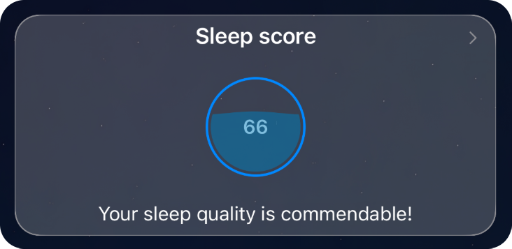 The SleepSafe Sleep score card: a score of 66 with the message Your sleep quality is commendable!