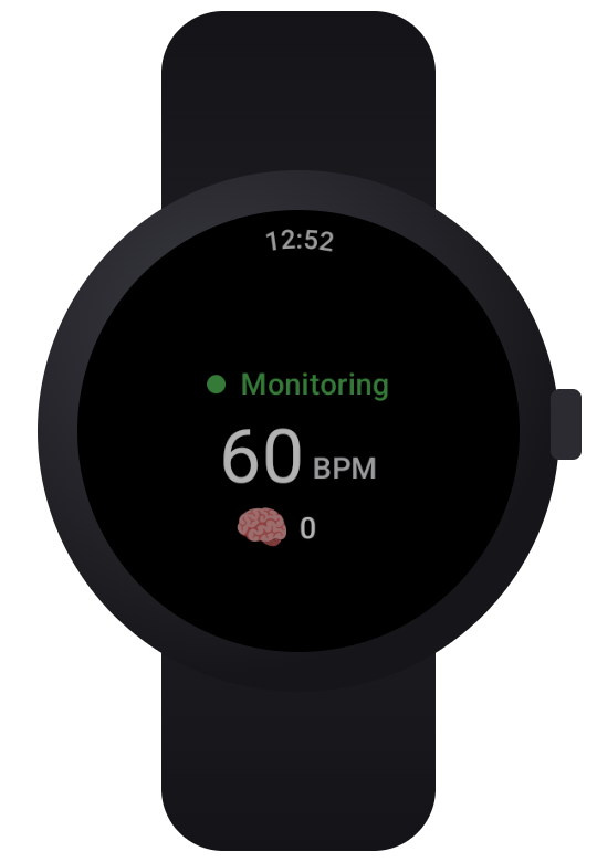 SleepSafe on a round Wear OS watch while monitoring: a green Monitoring label, a heart rate of 60 BPM and a count of 0 detections.