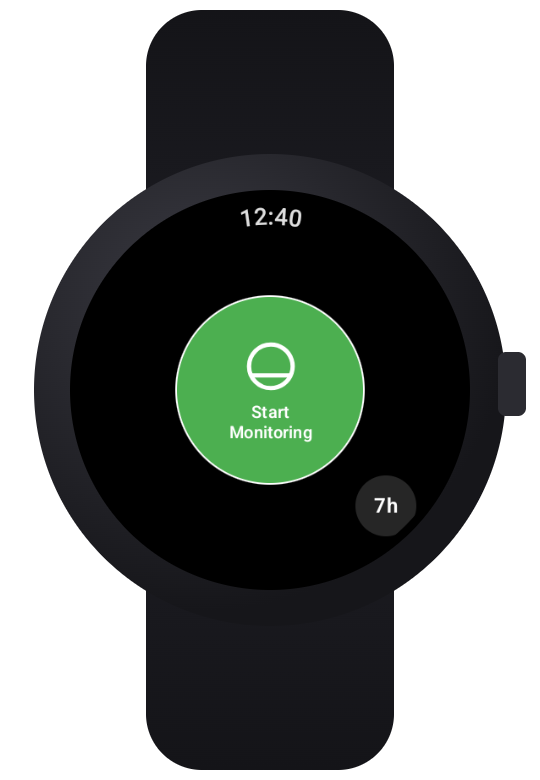 SleepSafe on a round Wear OS watch: a large green Start Monitoring button, with a 7h session length beside it.